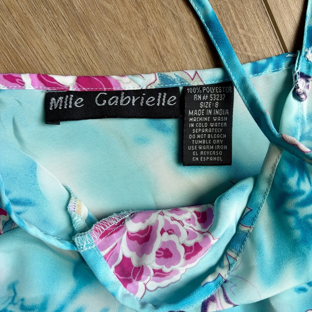 Mlle Gabrielle Y2K Tropical Ruffle Midi Slip Dress Blue Floral Butterfly Size 8 - Picture 3 of 8